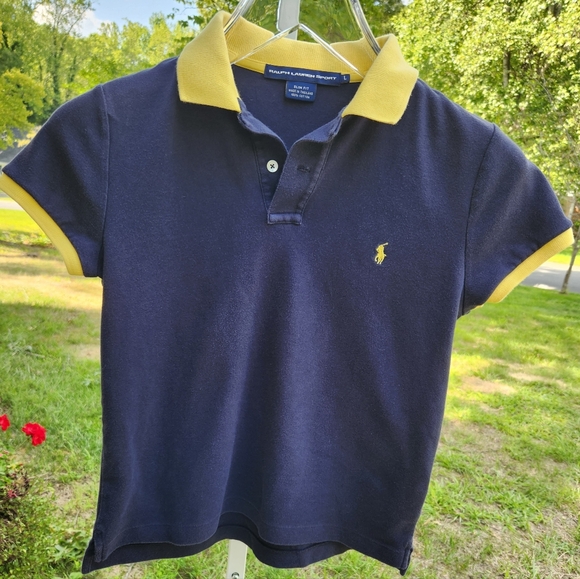 Ralph Lauren Sport Y2K Women's Navy with Yellow Collar Polo Shirt- size Large - Picture 4 of 4
